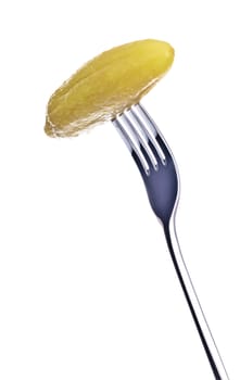 fresh pickle on fork isolated on white background