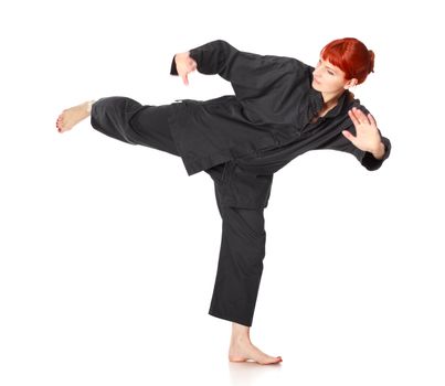 girl in black kimono exercise, isolated on white