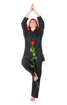 girl in black kimono with red rose, isolated on white