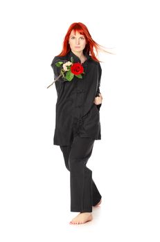 girl in black kimono with red rose, isolated on white
