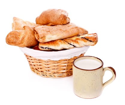 basket with buns and mug of milk on white