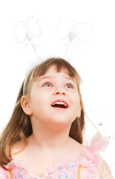 surprised little girl looking up, isolated on white