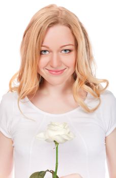 portrait of pretty smiling woman with white rose