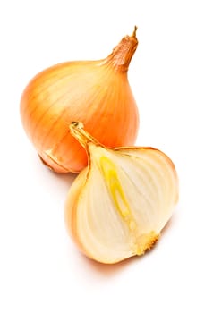 two yellow onions isolated on white background