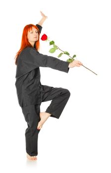 girl in black kimono with red rose, isolated on white