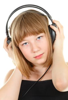 teenager girl in headphones, isolated on white