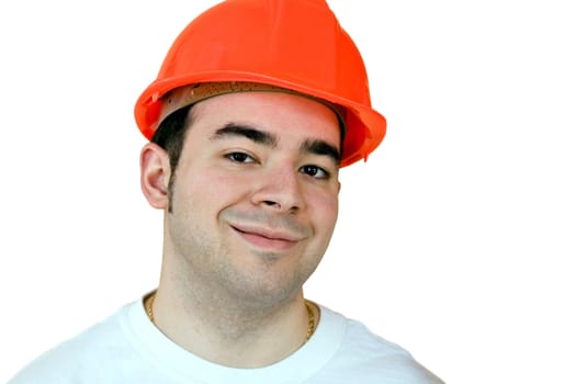 Everyday construction worker smiling isolated over a white background.