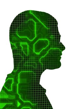 Male profile silhouette overlayed with digital circuitry and green electronic accents.
