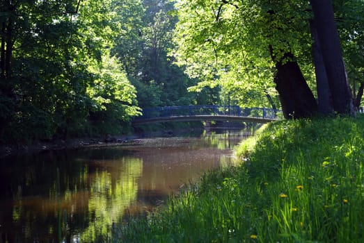 Summer landscape - small silent river, bridge, rays of sunlight and many-many green