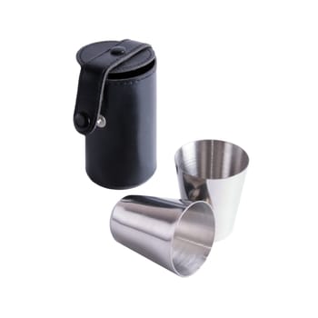 Two steel drinks for alcohol and leather case