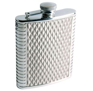 Grooved flask made of stainless steel. Man's accessory for strong alcohol.