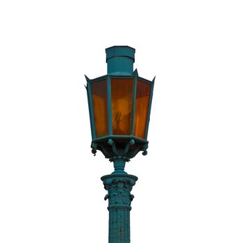 vintage street lamp with orange glass on white background