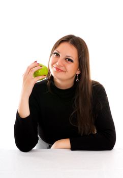 smiling young woman green apple sitting at the table