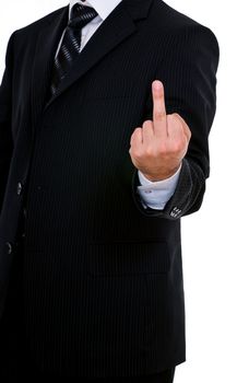 man dressed in black suit showing middle finger
