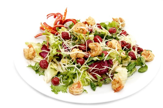 shrimp salad with vegetables on a white background