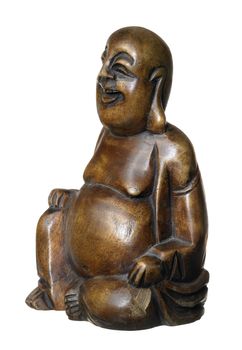 studio photography of a wooden Buddha sculpture in white back