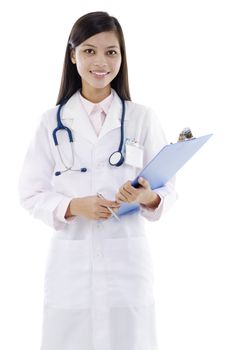 Young female doctor holding a writing pad