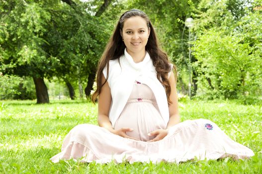 Beautiful pregnant woman relaxing in the summer park