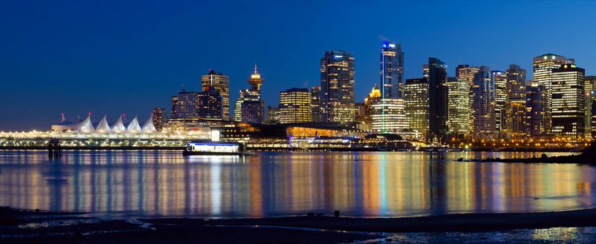 Vancouver BC Canada City Skyline Reflection at Blue Hour Panorama