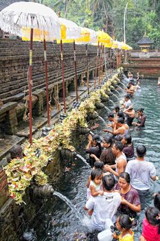 TAMPAK SIRING, BALI, INDONESIA - OCTOBER 30: People praying at holy spring water temple Puru Tirtha Empul during purification ceremony on October 30, 2011 in Tampak Siring, Bali, Indonesia