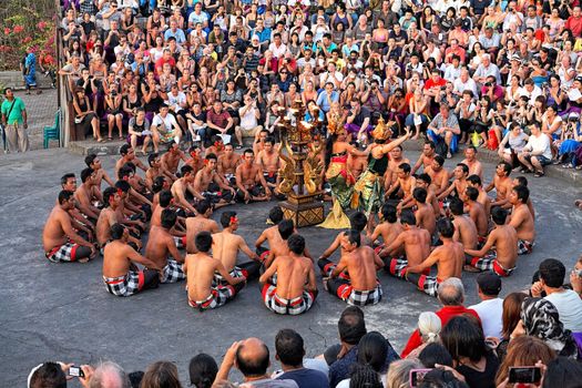 BALI, INDONESIA - OCTOBER 25: Balinese Kecak dance also known as the Ramayana Monkey Chant on October 25, 2011 at  temple Uluwatu, Bali, Indonesia