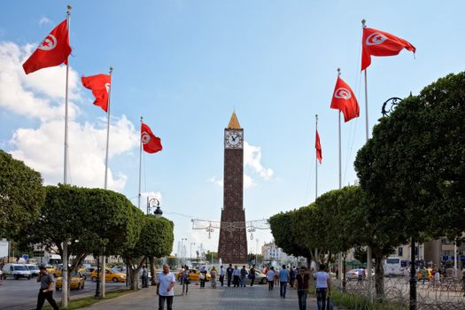 TUNIS, TUNISIA - OCTOBER 5: Barbed wire entanglement on Avenue Habib Bourguiba close to Monumental Clock on October 5 in Tunis. Higher security measures before first election after Jasmine revolution.