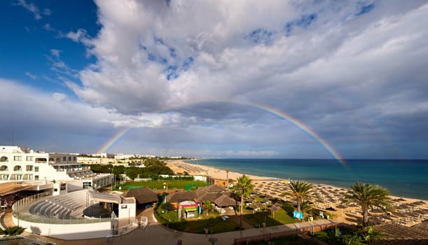 panoramic view of rainbow over sea and beach in Tunisia