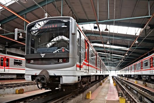 PRAGUE, CZECH REPUBLIC - SEPTEMBER 17: Modernized subway trains 81-71M in Depot Hostivar on Open Doors Day in the Prague Public Transport Company on September 17, 2011 in Prague