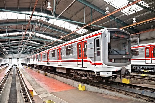 PRAGUE, CZECH REPUBLIC - SEPTEMBER 17: Modernized subway trains 81-71M in Depot Hostivar on Open Doors Day in the Prague Public Transport Company on September 17, 2011 in Prague