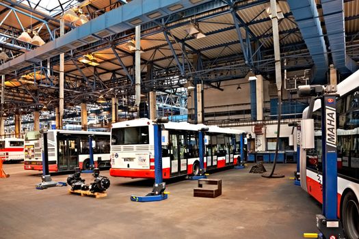 PRAGUE, CZECH REPUBLIC - SEPTEMBER 17: Inspection of chassis of public buses in workshop in Depot Hostivar on Open Doors Day in the Prague Public Transport Company on September 17, 2011 in Prague