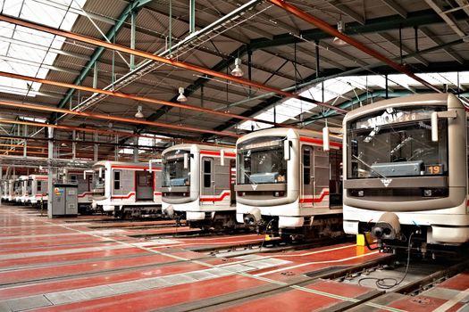 PRAGUE, CZECH REPUBLIC - SEPTEMBER 17: Modernized subway trains 81-71M in Depot Hostivar on Open Doors Day in the Prague Public Transport Company on September 17, 2011 in Prague