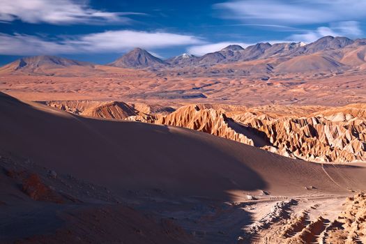 view from Valle de la Muerte (Death Valley) on the dune and Andes, Atacama desert, Chile