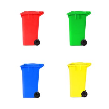 set of various empty recycling bins on white background