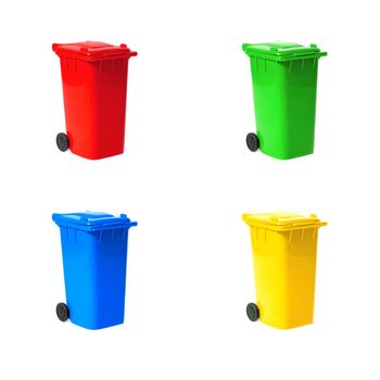 set of various empty recycling bins on white background