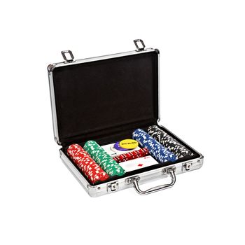 set for poker in suitcase isolated on white background