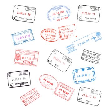 set of various passport visa stamps on white background