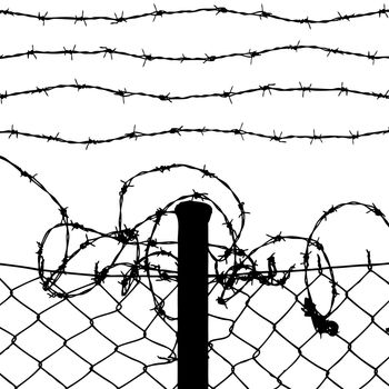 wired fence with barbed wires  isolated on white background