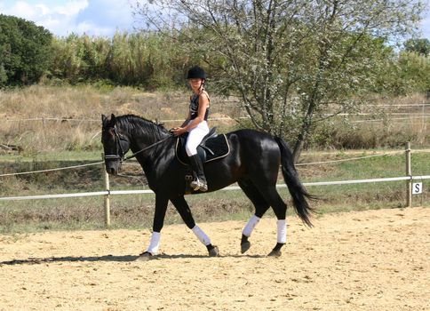 training in dressage for a black horse and her riding girl