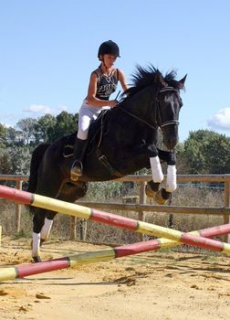 training for competition of jumping for an horse and her riding girl