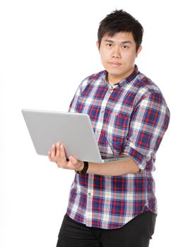 Young asian man holding laptop computer