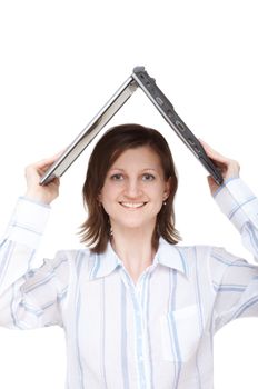 smiling young women holding notebook overhead