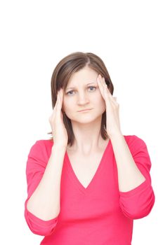 young woman touching her temples with both hands having a headache