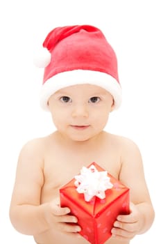 baby in santa claus cap with gift