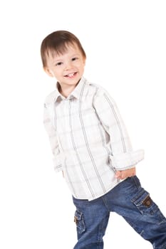 smiling baby in shirt and jeans