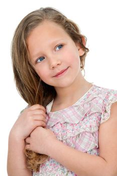 Close up Portrait of cute little blond girl. Isolated on white background.