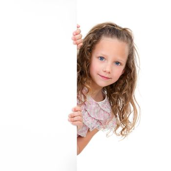 Close up Portrait of little girl holding copy space. Isolated on white background.