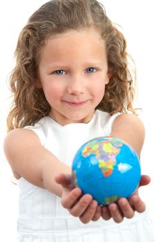Close up Portrait of cute little girl holding earth sphere object. Isolated on white background.
