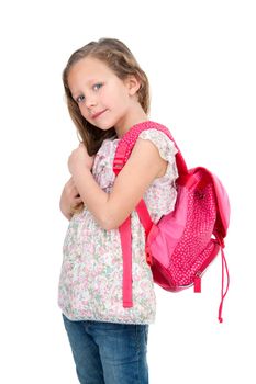 Portrait of cute blond girl with school bag. Isolated on white.