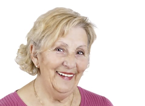 Portrait of a happy senior woman over white background, great details.