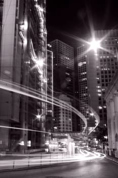 Traffic in Hong Kong at night in black and white toned